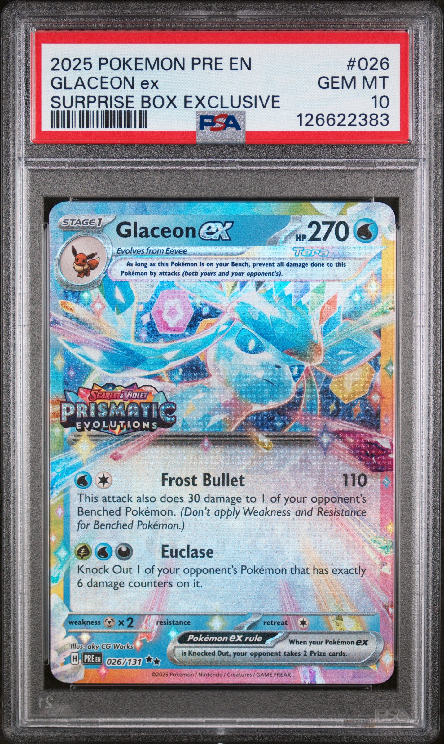 Glaceon Prismatic Evolutions Surprise Box PSA 10 voorkant