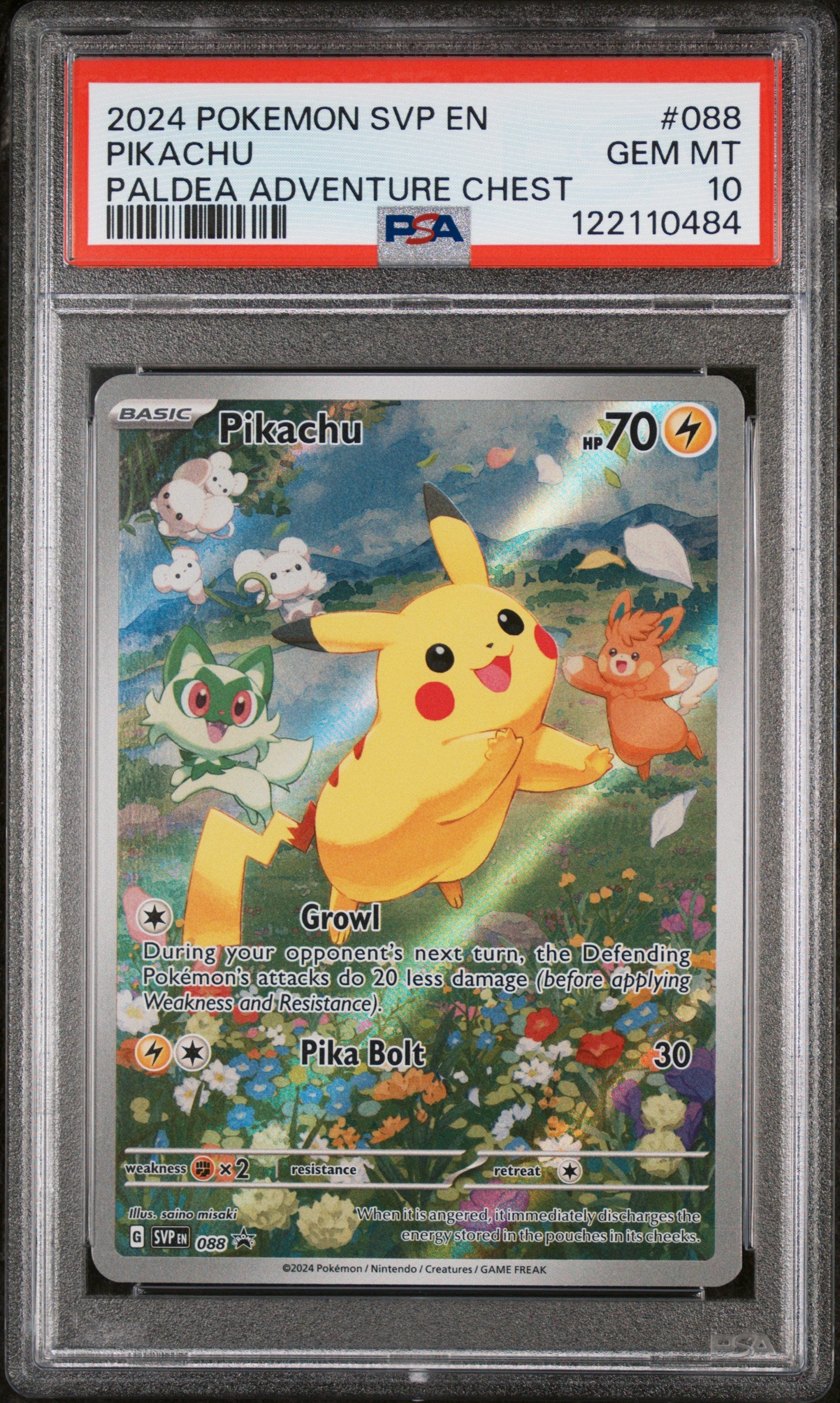 Pikachu Paldea Adventure Chest PSA 10 voorkant